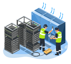 Illustration of engineers installing temperature cooling control system in AI data center server room